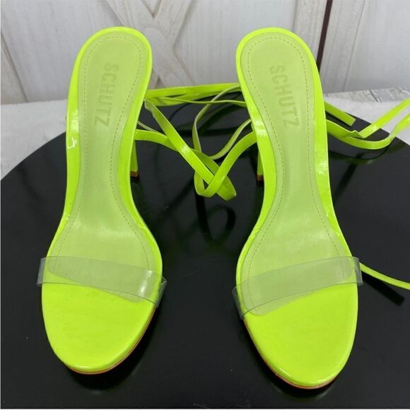 Schutz Cloe Ankle Wrap‎ Heels Neon Green 7 Clear Toe Strap Open Toe - Picture 6 of 11